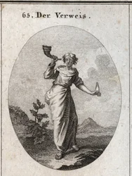 Alegoria de repreensão. Ela aprende a soar um cone de livro que enfatiza o som inestético de palavras repreensivas manipuladas com cautela, como mostra a linguagem humana segurada na outra mão. Gravação em "Iconologie oder Ideen aus dem Gebiete der Le