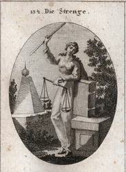 A alegoria do rigor representa sob um aspecto de ferocidade segurando com a mão direita uma vara de ferro alto e confiando da esquerda no livro das leis. Ela tem na mesma mão um equilíbrio, um dos quais prevalece sobre o outro. Gravura em "Iconologie oder 