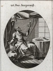 Alegoria de escândalo. Ele segura com uma mão uma garrafa e com a outra um retrato de uma jovem mulher e perto de uma mesa onde estão jogando cartas e jogos. Gravura em "Iconologie oder Ideen aus dem Gebiete der Leidenschaften und Allegorien bildich darges