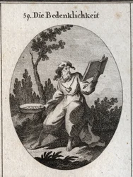 Alegoria de escrúpulos representados por um homem velho com uma corrente de ouro, ao qual é anexado um emblema do coração de candura e bons conselhos. Ele mantém um calendário que ele considera cuidadosamente e uma peneira que é o atributo da distinção ent