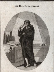 Alegoria do segredo, coberto de negro para sepultar no esquecimento os segredos que lhe foram confiados. Tem uma faixa sobre a boca, à qual acrescenta um selo. Gravura em «Iconologie oder Ideen aus dem Gebiete der Leidenschaften und Allegorien bildlich