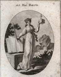Alegoria de severidade coroada com um ramo de carvalho, atributo de força. Ela confia num livro de leis e segura uma vara de ferro. O cubo em que uma adaga está a abrandar deseja a sua proximidade e a sua inflexibilidade. Gravura em "Iconologie oder Ideen 