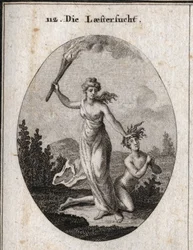 Alegoria de calúnia segurando uma tocha e arrastando impiedosamente um adolescente nu que se junta às mãos e olha para o céu. Gravação em "Iconologie oder Ideen aus dem Gebiete der Leidenschaften und Allegorien bildestellt fur Zeichner, Mahler, Dichter",