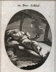 Alegoria do sono numa cama de ébano junto à qual corre um ribeiro. Segura um cone negro e polido do qual sai um vapor que significa sonhos. Gravura em «Iconologie oder Ideen aus dem Gebiete der Leidenschaften und Allegorien bildlich dargestellt für Z»