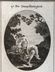 Alegoria de estupidez. Está apoiado numa ovelha, um animal naturalmente estúpido. Gravação em "Iconologie oder Ideen aus dem Gebiet der Leidenschaften und Allegorien bildestellt fur Zeichner, Mahler, Dichter, Gelehrte, Erzieher und freunde Hoherer Gesc