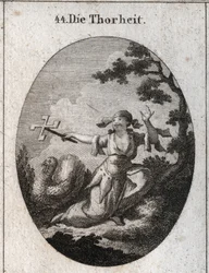 Alegoria de estupidez personificada por uma mulher ridícula que segura um carretel de cartas que gira ao vento e ri do qual ela ri. Gravação em "Iconologie oder Ideen aus dem Gebiete der Leidenschaften und Allegorien bildestellt dargestellt fur Zeichner",