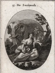 Alegoria da doçura ou mansuetude, coroa de oliveiras para o símbolo da paz. Seu atributo é o elefante, representando a bondade do coração, o cordeiro símbolo da mansuetude e a pomba, emblema da doçura. Gravura em "Iconologie oder Ideen