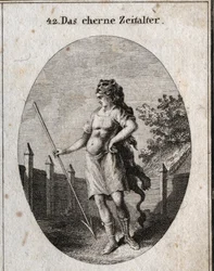 Alegoria da Idade do Cobre representa como uma sentinela perto de uma cerca, numa atitude de orgulho, a arma de um cadáver e um dardo e tampa de uma pele de leão. Gravura em "Iconologie oder Ideen aus dem Gebiete der Leidenschaften und Allegorien bildestel