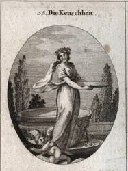 Alegoria da casta com o símbolo da coroa de canela entre os egípcios da casta, assim como a tela cheia de água que ela segura e que se refere à justificação de uma vestal que provou a sua casta. Ela refaz um amor sob o seu fo
