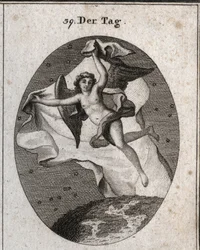 Alegoria do dia voando rapidamente e escondendo a noite e as estrelas usando um véu grande e brilhante. Gravação em "Iconologie oder Ideen aus dem Gebiet der Leidenschaften und Allegorien bildestellt fur Zeichner, Mahler, Dichter, Gelehrte, Erzieher u