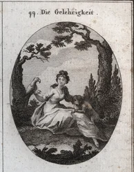 Alegoria da docilite. Seus atributos são o periquito e o cãozinho por causa de sua obediência e desejo de agradar. Gravura em "Iconologie oder Ideen aus dem Gebiete der Leidenschaften und Allegorien bildestellt dargestellt fur Zeichner, Mahler,