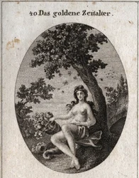 A alegoria da idade de ouro representa com um corno de abundância de frutos, sentado ao lado de uma oliveira símbolo de paz no meio da qual está um enxame de abelhas. Gravura em "Iconologie oder Ideen aus dem Gebiete der Leidenschaften und Allegorien bildi