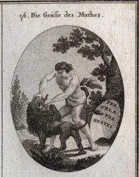 Alegoria da grandeza da coragem representada por um homem robusto que abre a boca de um leão para arrancar-lhe a língua. Seu atributo é um escudo no qual está inscrito "Por tela, por hospedeiro" (Por armas, através do inimigo). Gravação em "Iconologie oder
