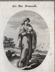 Alegoria da humildade. Sob o seu pé, uma coroa de ouro enriquecida com pedras preciosas. Dedain considera uma bola representando a terra da qual ela sente falta da grandeza. Gravura em "Iconologie oder Ideen aus dem Gebiete der Leidenschaften und Alleg