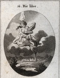 Alegoria da ideia representada com uma chama na cabeça e um círculo dourado na testa, amamentando uma criança. Gravura em "Iconologie oder Ideen aus dem Gebiete der Leidenschaften und Allegorien bildestellt fur Zeichner, Mahler, Dichter, Gelehrt