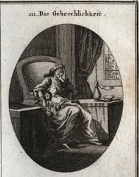Alegoria da enfermidade representada sentado numa poltrona, segurando com uma mão a cabeça e com a outra um ramo de anémonas selvagens símbolo da doença. Gravura em "Iconologie oder Ideen aus dem Gebiete der Leidenschaften und Allegorien b