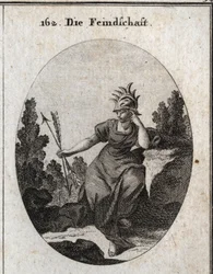 Alegoria do inimigo com um capacete aparado com pontas de ferro. O seu vestido está cheio de chamas. As duas setas que ela segura ao contrário são sinônimo de contradição. Gravura em "Iconologie oder Ideen aus dem Gebiete der Leidenschaften und Allegori