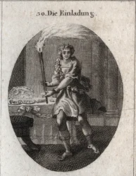 Alegoria do convite como um jovem com cara de riso a convidar para uma mesa coberta de pratos. A tocha que ele segura é o atributo de Comus, deus das festas e festas noturnas. Gravura em "Iconologie oder Ideen aus dem Gebiete der Leidenschaften".