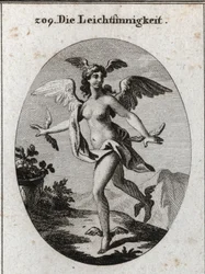 Alegoria da luz. Ela tem asas na cabeça, ombros, pés e mãos. Gravura em "Iconologie oder Ideen aus dem Gebiet der Leidenschaften und Allegorien bildestellt fur Zeichner, Mahler, Dichter, Gelehrte, Erzieher und freunde Hoherer G