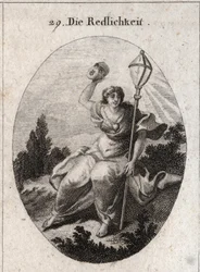 Alegoria da lealdade ou da sinceridade a atirar fora uma máscara, atributo da dissimulação e da mentira. O seu emblema é uma lanterna de cristal, símbolo do relâmpago. Tem um coração desenhado no peito. Gravura em «Iconologie oder Ideen aus dem Gebiete