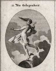 Alegoria da ocasião. Com as asas nos pés e cabelo para a frente, descansa ligeiramente sobre uma roda. Gravura em "Iconologia ou Idéias do Campo das Paixões e Alegorias ilustradas para desenhistas, pintores, poetas, estudiosos, educadores, &".