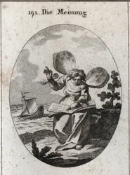 Alegoria da opinião, representada a ler um livro no qual parece apoiar as suas afirmações. As asas de borboleta nos ombros e nos pulsos assinalam a instabilidade dos homens nas suas opiniões. Ao fundo, um navio é fustigado pelas ondas, numa alusão à
