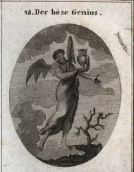 Alegoria do génio oposto representada por um génio mau com asas de morcego (morcego) e segurando uma coruja, ave de má prensagem. Gravura em "Iconologia ou Ideias do Campo das Paixões e Alegorias ilustradas para Desenhistas, Mahlers, Poetas