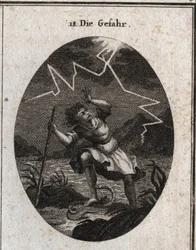 Alegoria do perigo representado por um jovem que escapa de um riacho rápido ao pôr os pés numa cobra que o pica e ao mesmo tempo um trovão o atinge atrás dele. Gravação em "Iconologie oder Ideen aus dem Gebiete der Leidenschaften und Allego