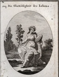 Alegoria da prosperidade da vida. ricamente vestida e coroada com uvas e atributos de riqueza e abundância. O ramo de carvalho cheio de folhas e frutos significa saúde, mas também solidifica e incorruptibiliza. Gravura em "Iconologie oder Ideen aus de