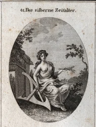 Alegoria da era da prata com um cabo de episódio para cultivar a terra e a madeira para fazer cabanas. Gravação em "Iconologie oder Ideen aus dem Gebiet der Leidenschaften und Allegorien bildestellt fur Zeichner, Mahler, Dichter, Gelehrte, Erzieher und