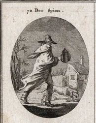 A alegoria do espião. O seu casaco está espalhado com olhos e ouvidos e segura uma lanterna surda. Um cão de raça cheira o terreno. Gravura em "Iconologie oder Ideen aus dem Gebiete der Leidenschaften und Allegorien bildestellt dargestellt fur Zeichner, Ma