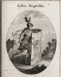A alegoria da suspeita corta atrás de um escudo sobre o qual está um leão, símbolo da suspeita segundo aristóteles, e um galo sobre o capacete que representa a vigilância. Gravação em "Iconologie oder Ideen aus dem Gebiete der Leidenschaften und Alleg