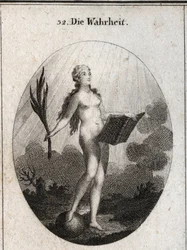 Alegoria da verdade representada nua sem artifício e olhares naturais para a luz do sol. A palma da mão simboliza o triunfo da fraude e o livro representa o estudo. Gravura em "Iconologie oder Ideen aus dem Gebiete der Leidenschaften und Allegor".