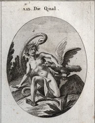 Alegoria de tormento. A sua cabeça rodeada de espinhos significa tormentos da mente. A serpente diz que o medo do perigo a torna mais formidável. Um abutre come o seu coração. Gravação em "Iconologie oder Ideen aus dem Gebiete der Leidenschaften und Allego