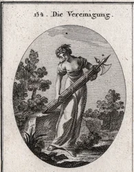 Alegoria da união. coroada com oliveira símbolo da paz, e alegria representando o alívio. Flui sobre um monte de paus firmemente amarrados sem dobrar a imagem de força e união. Gravura em "Iconologie oder Ideen aus dem Gebiete der Leidenschaf