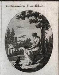 Alegoria de amizades inúteis segurando um ninho permitindo que as andorinhas voem para longe. Gravação em "Iconologie oder Ideen aus dem Gebiet der Leidenschaften und Allegorien bildestellt fur Zeichner, Mahler, Dichter, Gelehrte, Erzieher und freunde Hohe