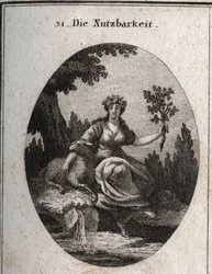 Alegoria de utilidade. Coroada com uvas e apuyee em uma ovelha, ela segura um ramo de carvalho cheio de frutas e folhas simbolizando coisas úteis à vida, assim como a água da nascente perto da qual ela se senta. Gravura em "Iconologie oder Ideen aus dem Ge