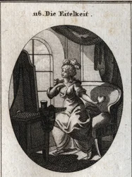 Alegoria da vaidade. Desejando agradar e ser considerada, ela é representada em frente ao seu banheiro se lisonjeando em frente ao espelho com um coração na mão. Gravura em "Iconologie oder Ideen aus dem Gebiete der Leidenschaften und Allegorien".