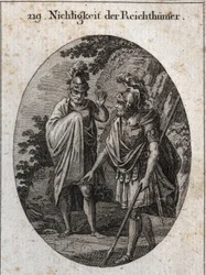 Alegoria da vaidade das riquezas: O Imperador Constantino O Grande traço na Terra com a sua lança um corpo humano e diz: "Se viesseis a adquirir todas as riquezas do mundo, no final, só restaria este espaço, se vos fosse concedido. Gravando em
