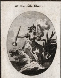 Alegoria de glória venosa segurando uma trombeta e respirando o cheiro do incenso com satisfação. Gravura em "Iconologia ou Idéias do Campo das Paixões e Alegorias ilustradas para desenhistas, pintores, poetas, estudiosos, educadores, e