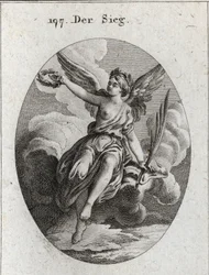 Alegoria de vitória. Ela tem asas e segura uma palma e uma coroa de louros. Gravação em "Iconologie oder Ideen aus dem Gebiet der Leidenschaften und Allegorien bildestellt fur Zeichner, Mahler, Dichter, Gelehrte, Erzieher und freunde Hoherer Gesch