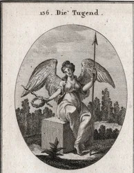 Alegoria da virtude. O cubo de mármore sobre o qual ela se senta deseja o solidito, e suas asas abertas significam que ele fica acima do vulgar. Gravura em "Iconologie oder Ideen aus dem Gebiete der Leidenschaften und Allegorien bildestellt dargestellt fur