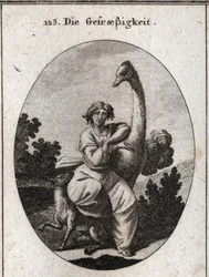 Alegoria de voracite. A avestruz é o atributo da ganância, acrescentamos um lobo magro e faminto para uma maior voracidade. Gravação em "Iconologie oder Ideen aus dem Gebiet der Leidenschaften und Allegorien bildestellt fur Zeichner, Mahler, Dichter, G