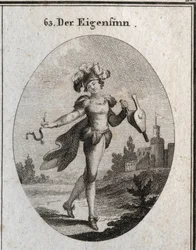 Alegoria de capricho. Seu traje e suas penas marcam a inconstância das fntaisias dos caprichosos. O fole e o esporão que ele segura mostram que ele elogia tanto a virtude quanto o vício indiferente. Gravura em "Iconologie oder Ideen aus dem Gebiete der Lei