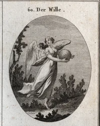 Alegoria da vontade. Ela é representada ailee e segura uma bola de cores diferentes. Gravura em "Iconologia ou idéias do campo das paixões e alegorias ilustradas para desenhistas, pintores, poetas, estudiosos, educadores e amigos".