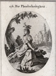 Alegoria de Babil. A sua cortina está cheia de cigarras e línguas. O seu atributo é o corvo. Gravura em "Iconologia ou Idéias do Campo das Paixões e Alegorias ilustradas para desenhistas, pintores, poetas, estudiosos, educadores e amigos".