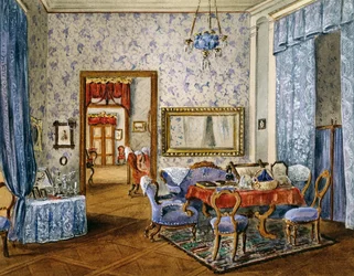 Quarto de dormir em estilo Biedermeier, cerca de 1830, aguarela, Áustria