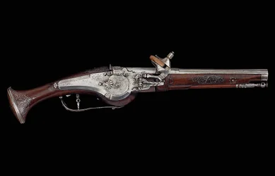 Pistola Carinthian (Ferlach) com mecanismo de bloqueio de roda incorporando um sistema de segurança automático interno, c.1650 (aço e nogueira)