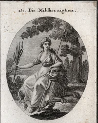 Alegoria de Clemence. Ela é representada segurando uma lança e um ramo de oliveira para indicar que ela tem o poder de punir, mas também de perdoar. O leão é o atributo da generosidade. Gravura em "Iconologie oder Ideen aus dem Gebiete der Leidenschaften u