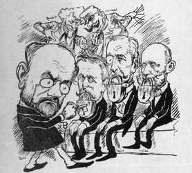 Emile Zola tenta abrir as fechaduras que fecham a boca dos Presidentes Jean Casimir-Perier (1847-1907) e Felix Faure (1841-1899), bem como do Presidente do Conselho Jules Meline (1838-1925), enquanto, ao fundo, Henri Rochefort (1831-1913) disse ao Com